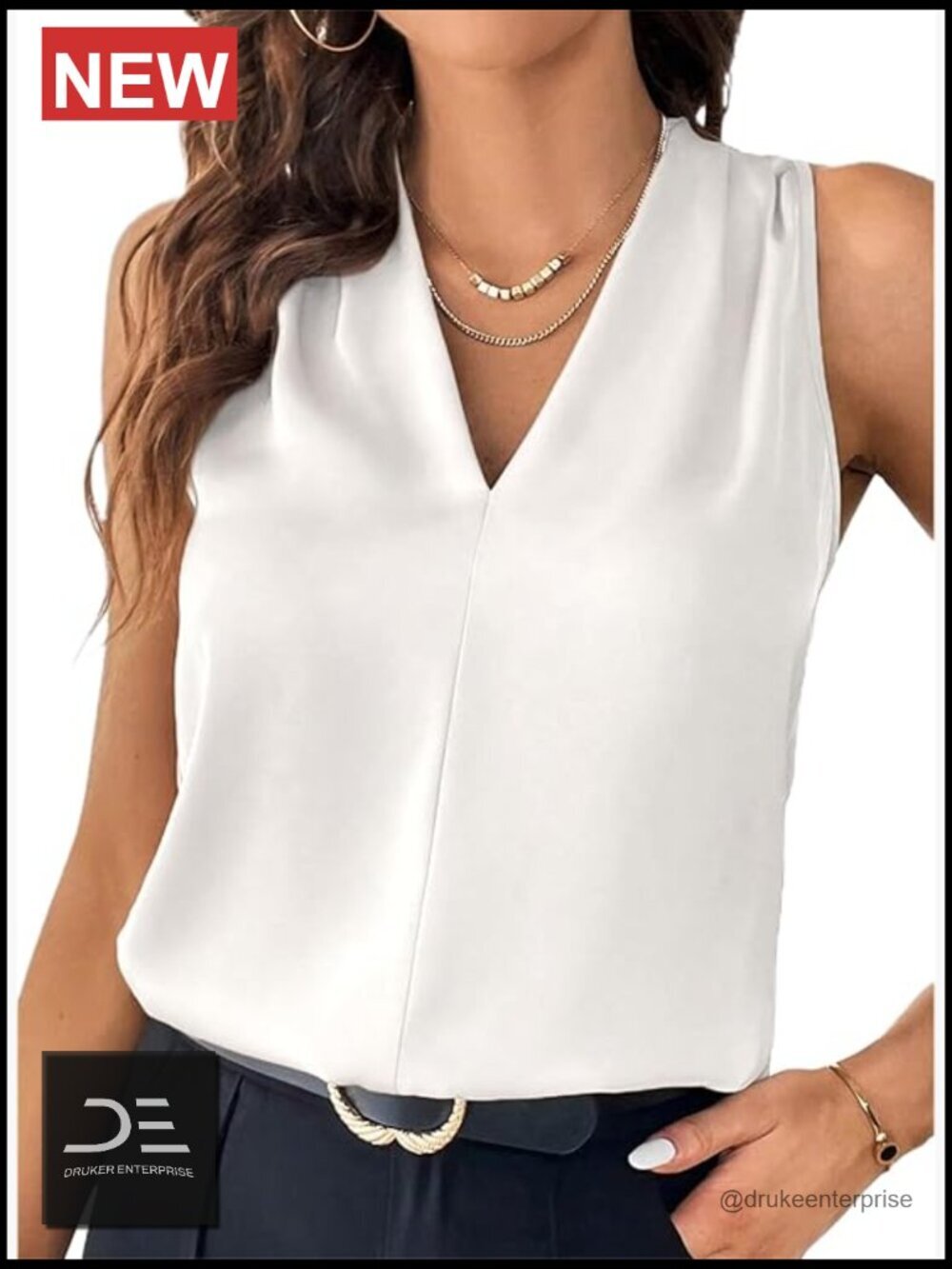 Pleated V Neck Sleeveless Tank Top - Loose Fit, Lightweight Polyester